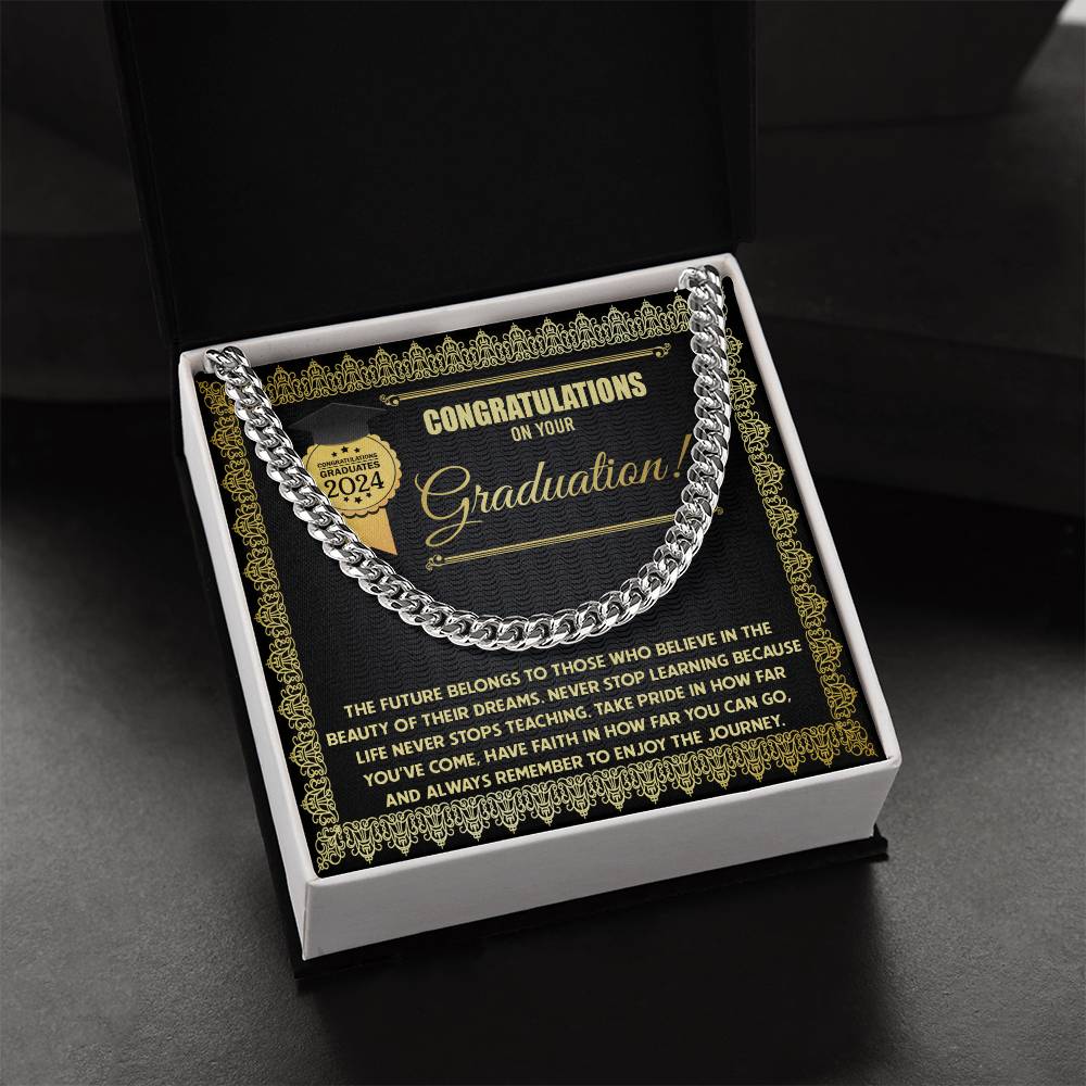Happy Graduation, The Future - Cuban Link Chain graduation card for the class of 2024 with a Cuban Link Chain border and an inspirational message about learning and embracing the journey.