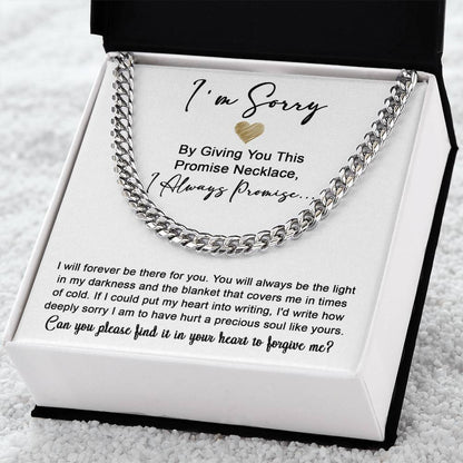 The Sorry-Be The Light- Cuban Link Chain is displayed above a heartfelt apology note expressing regret for causing hurt and asking for forgiveness.