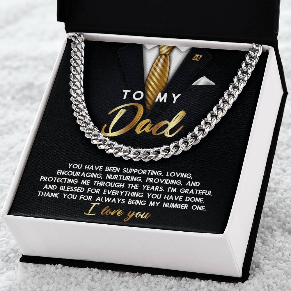 Gift bag with a design resembling a suit and tie, featuring a heartfelt message to a father, adorned by the To Dad, Through The Years - Cuban Link Chain.