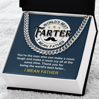 Blue faux leather wallet with a humorous silver plaque reading "To Dad, World's Best Farter - Cuban Link Chain" surrounded by a Cuban Link Chain design.
