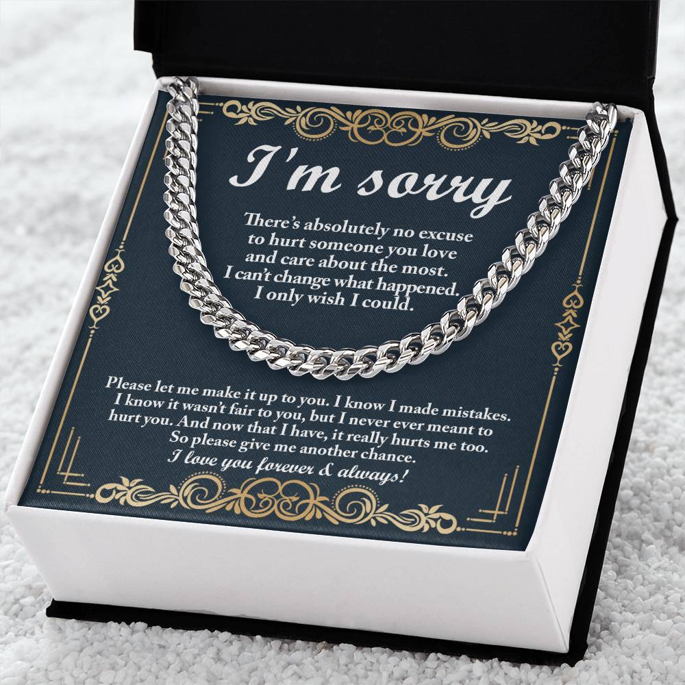 The "Sorry, Wish I Could - Cuban Link Chain" features a heartfelt decorative card with the message: "I'm sorry. There's absolutely no excuse to hurt someone you love and care about the most. I can't change what happened. I only wish I could. Please give me another chance.