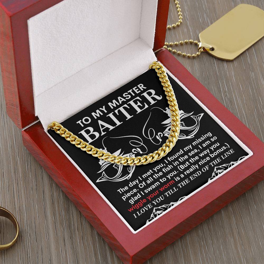 The "My Man-In The Sea" Cuban Link Chain, crafted in 14K yellow gold, is elegantly presented in a wooden box and includes a heartfelt message card.