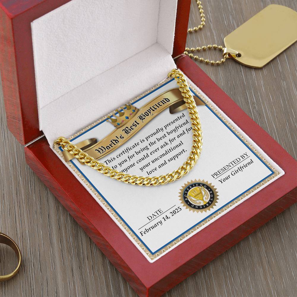 An open red velvet box displays a "World's Best Boyfriend" certificate, dated February 14, 2023, signed "Your Girlfriend," with the dazzling Boyfriend-Love And Support Cuban Link Chain nestled above.