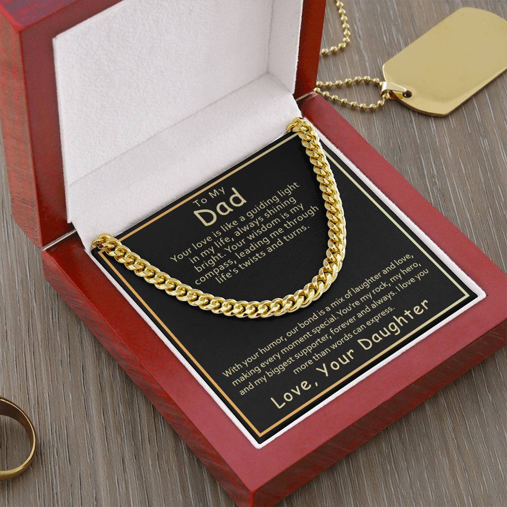 A ShineOn Fulfillment 14K yellow gold Cuban link chain necklace in a gift box with a sentimental message card from a daughter to her Dad - Guiding Light.