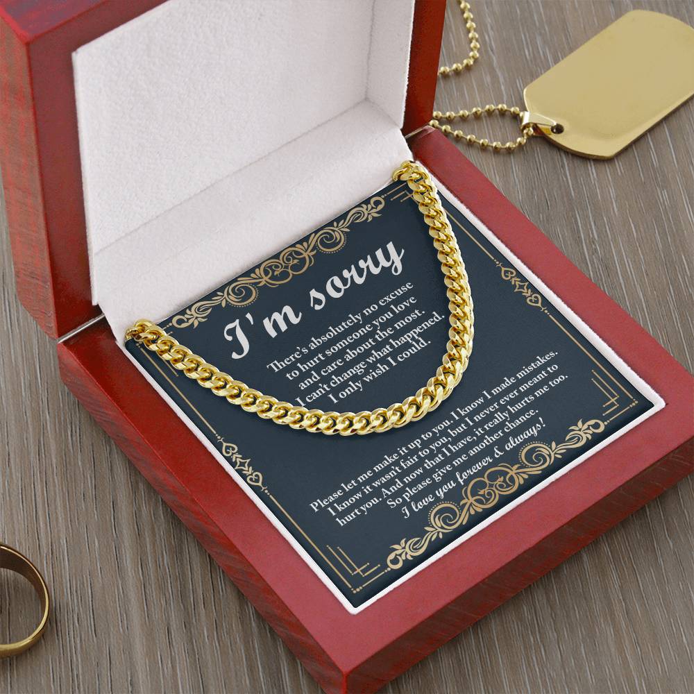 The "Sorry, Wish I Could - Cuban Link Chain" features a heartfelt decorative card with the message: "I'm sorry. There's absolutely no excuse to hurt someone you love and care about the most. I can't change what happened. I only wish I could. Please give me another chance.