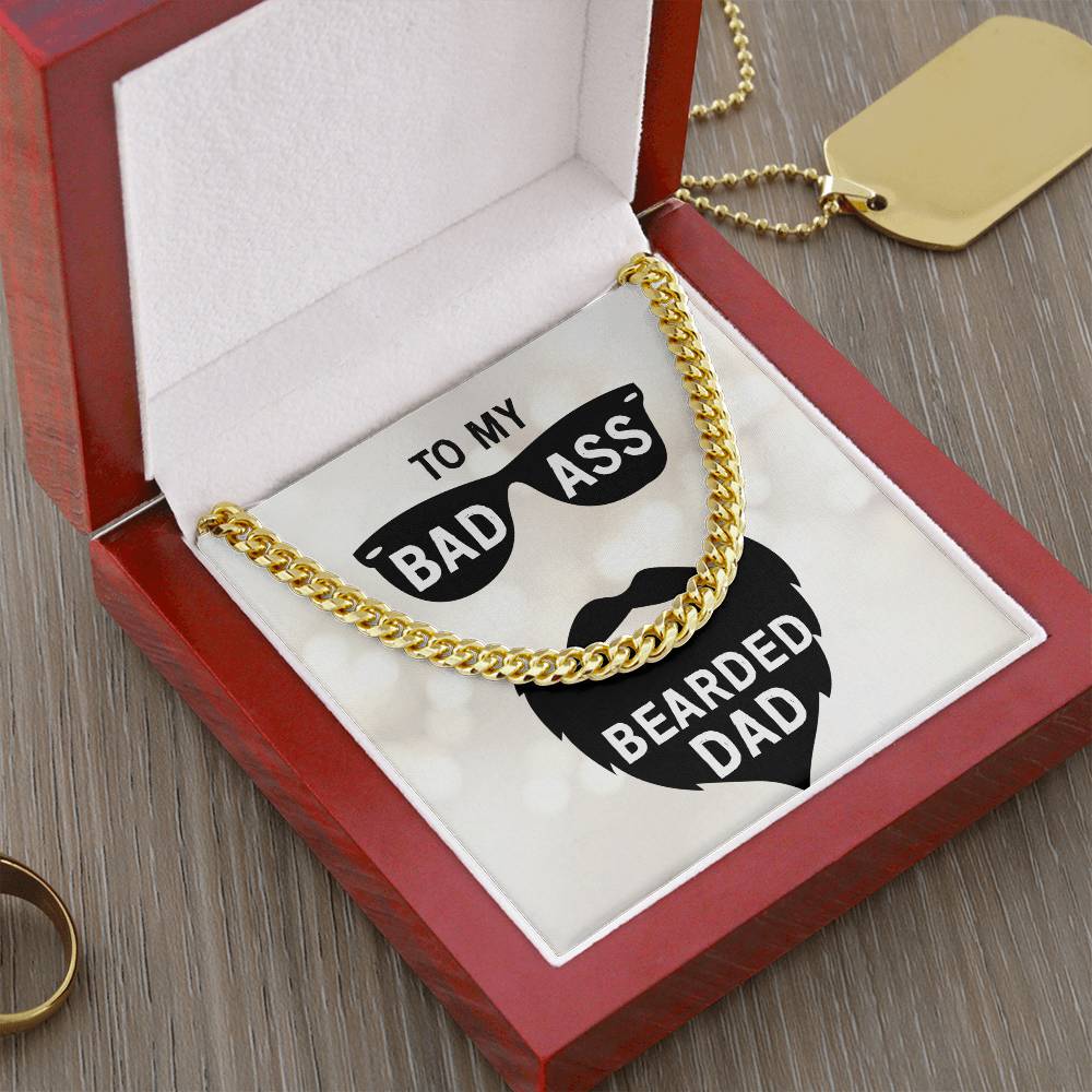 Gold chain in a gift box with a message card for a ShineOn Fulfillment Dad - badass bearded dad - Cuban Link Chain. The chain is a 14K Yellow Gold Cuban Link Chain.