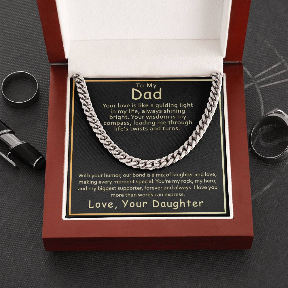 Silver bracelet in a gift box with a heartfelt message from a daughter to her father, accompanied by ShineOn Fulfillment's Dad - Guiding Light - Cuban Link Chain cufflinks.