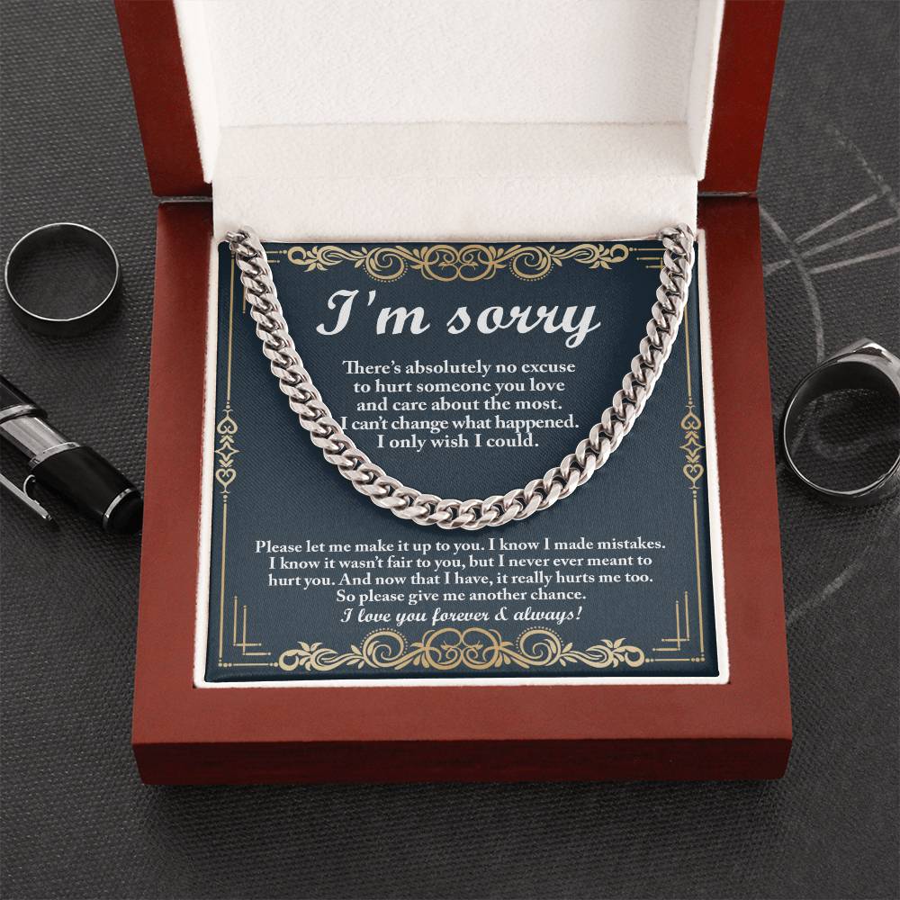 The "Sorry, Wish I Could - Cuban Link Chain" features a heartfelt decorative card with the message: "I'm sorry. There's absolutely no excuse to hurt someone you love and care about the most. I can't change what happened. I only wish I could. Please give me another chance.