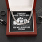 Graphic design on a square surface showing a clenched fist, surrounded by a To Dad, Be My Dad - Cuban Link Chain, with the text "through good times & bad, you will always be my dad.