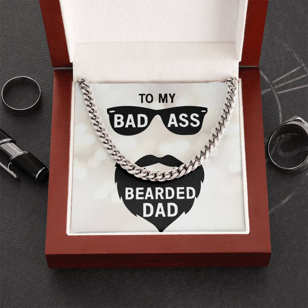 A ShineOn Fulfillment stainless steel Cuban link chain necklace in a gift box with a message for a Dad - badass bearded dad.