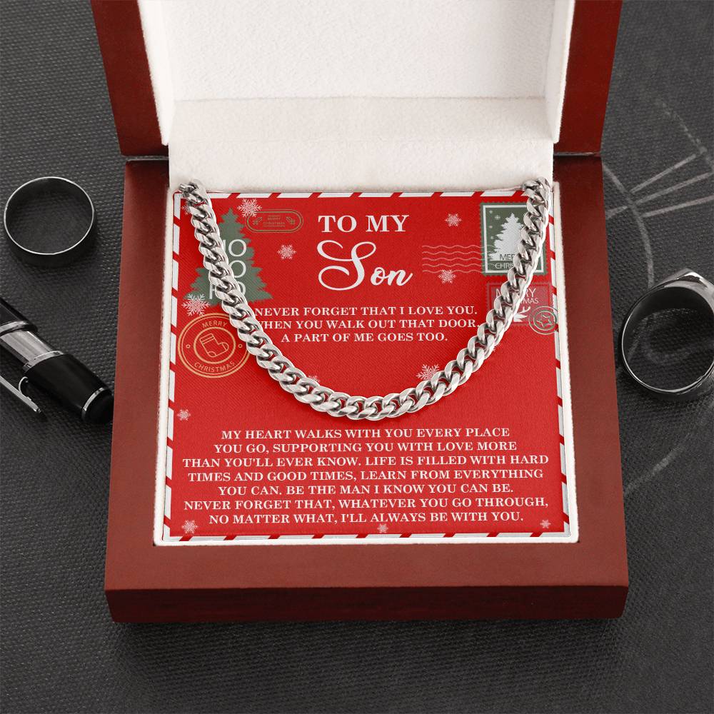 The Son-That Door - Cuban Link Chain necklace, elegantly packaged in a red and white gift box, includes an inspiring message personalized for a beloved son.