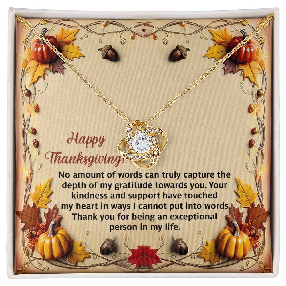 The Thanksgiving-Put Into Words - Love Knot Necklace, featuring a central gemstone, is elegantly presented on a Thanksgiving-themed card decorated with pumpkins, leaves, and cubic zirconia crystals, expressing gratitude in an autumnal setting.