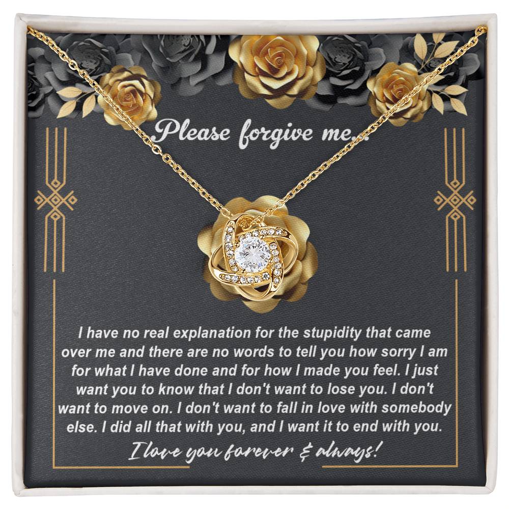 The "Sorry-End With You - Love Knot Necklace" features a beautiful heart-shaped pendant adorned with cubic zirconia crystals, making it a perfect apology gift. The necklace, with its elegant yellow gold finish, is accompanied by a background message expressing deep remorse and a heartfelt desire to stay together.