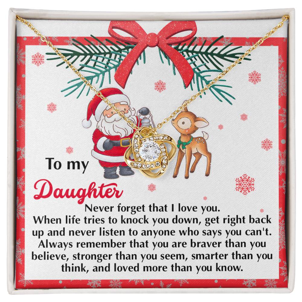 This customized present is a Daughter-Get Back Up Love Knot Necklace gift box, embellished with festive Santa and reindeer motifs, and includes an inspiring message about love, strength, and resilience. Inside, you'll find a breathtaking Love Knot Necklace adorned with cubic zirconia accents—an ideal way to express your affection to your daughter.