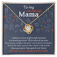A gift box contains the "Mom To Be-At First Sight" Love Knot Necklace with a cubic zirconia at the center of its intertwined gold and silver pendant. The box reads, "To my amazing Mama," with a message from "Daddy and Your Baby," surrounded by baby item illustrations.