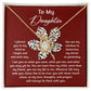The Daughter-To Be True - Love Knot Necklace, featuring a heart pendant adorned with sparkling cubic zirconia crystals, is beautifully displayed on a card featuring an inspirational message for your daughter. It's the perfect gift for your loved one.