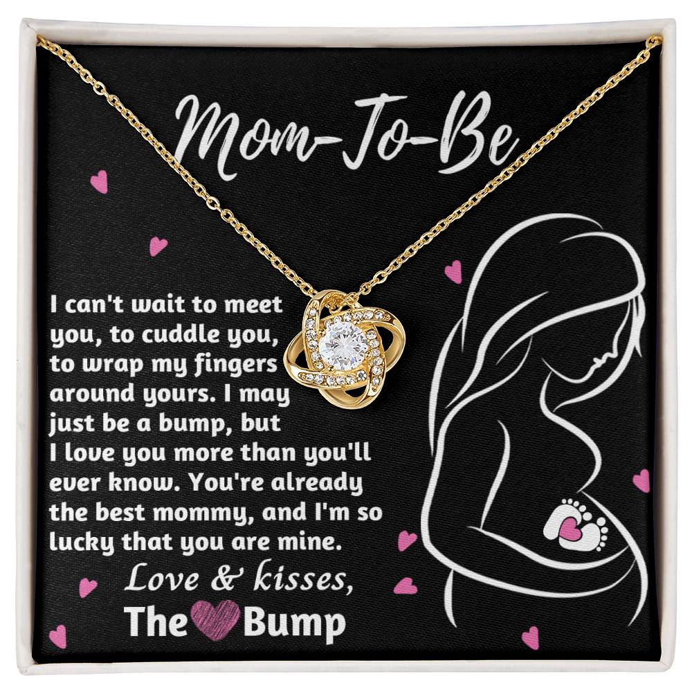 Jewelry gift box featuring a ShineOn Fulfillment To Mama To Be, The Best Mommy - Love Knot Necklace and a heartfelt message from "the bump" to a mom-to-be.