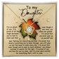 The "Daughter-Stood Your Ground - Love Knot Necklace" features a stunning gold finish and sparkling cubic zirconia crystals. It is elegantly displayed on a card bearing a heartfelt message of pride and admiration for your daughter's strength and perseverance, with a delicate leaf graphic subtly placed behind the pendant.