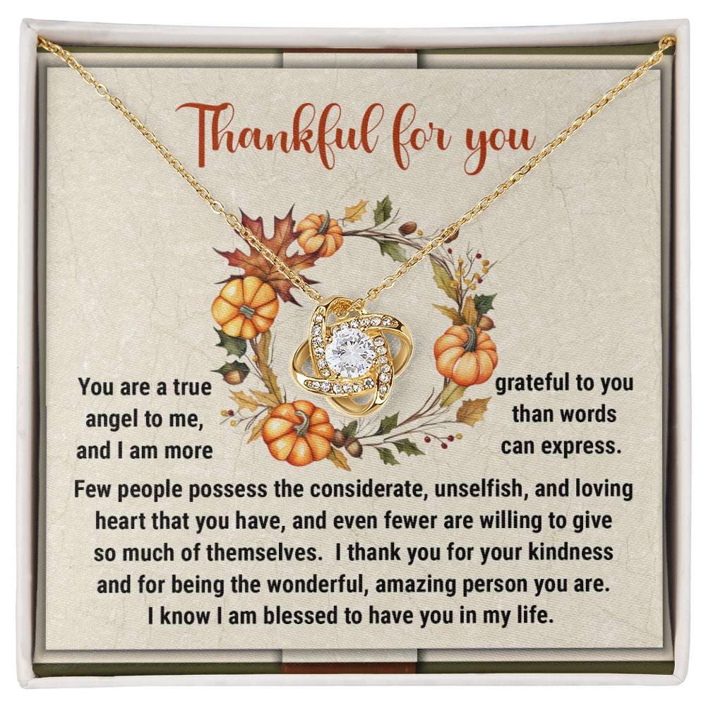 The Thanksgiving-The Wonderful - Love Knot Necklace features a gold design with a crystal infinity heart pendant, beautifully presented on a card with a thankful message. This personalized gift showcases an autumn-themed design adorned with pumpkins and leaves, while the pendant's cubic zirconia crystals add timeless charm to this thoughtful present.