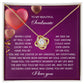 The Soulmate-My Soul - Love Knot Necklace, embellished with sparkling cubic zirconia stones, is presented on a card with a romantic message and heart graphics—a truly personalized gift.