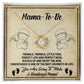 The "Mama To Be-Enjoy The Ride - Love Knot Necklace" is presented on a charming card embellished with tiny footprints, angel illustrations, and the words "Mama-To-Be" alongside a heartfelt poem about parenthood. This personalized gift celebrates the journey of motherhood.
