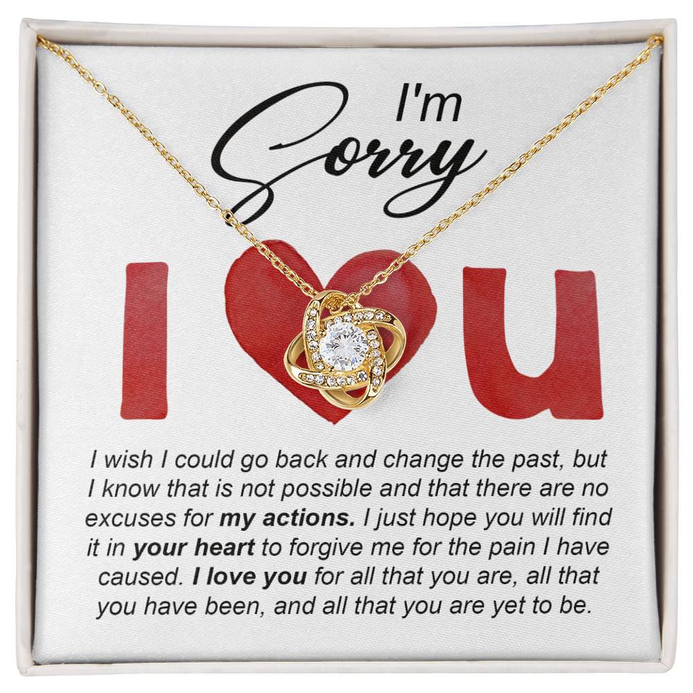 The Sorry-Change The Past - Love Knot Necklace comes with an apology message that reads, "I'm sorry. I wish I could go back and change the past... I love you for all that you are, all that you have been, and all that you're yet to be." This beautiful necklace is available in either a white gold or yellow gold finish, adorned with sparkling cubic zirconia crystals.