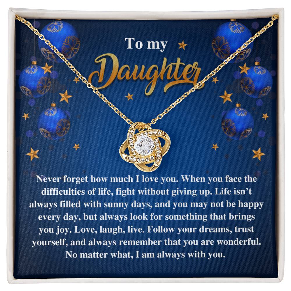 The Daughter-Sunny Days - Love Knot Necklace, featuring sparkling cubic zirconia crystals, is presented in a gift box. The accompanying card states: "To my daughter. Never forget how much I love you," and includes an inspirational message, making it the ideal personalized gift.