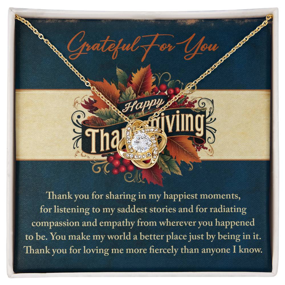 This Thanksgiving-themed card beautifully highlights a personalized gift: the Thanksgiving-Happiest Moments - Love Knot Necklace. The message of gratitude pairs perfectly with the sparkle of the cubic zirconia, creating an elegant expression of appreciation.