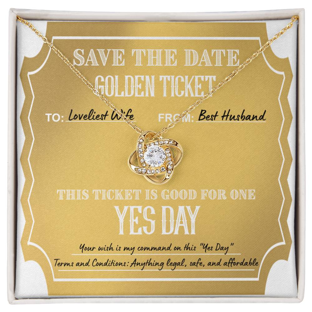 The "To Wife, Golden Ticket - Love Knot Necklace" features interlocked rings on a yellow note that reads "Save the Date Golden Ticket: To: Loveliest Wife, From: Best Husband. Ticket is good for one 'Yes Day.'" Terms and conditions included. This personalized gift sparkles with cubic zirconia crystals, adding a touch of elegance.