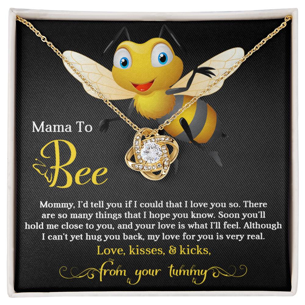 A To Mom To Be, Hope You Know Love Knot Necklace with a bee-inspired design presented in a gift box featuring a heartfelt written message from an unborn baby to its mother by ShineOn Fulfillment.