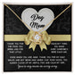 A personalized gift box for a "Dog Mom" includes the Dog Mom-In Every Way - Love Knot Necklace with cubic zirconia crystals, set against a heart and bow design background and featuring a heartfelt message of gratitude and love from a dog.