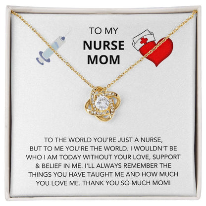 A "To My Nurse Mom, To The World You're Just A Nurse" Love Knot Necklace with a pendant showcasing a heart and nurse emblem, adorned with cubic zirconia crystals, presented on a card with a message for a mother who is a nurse, expressing gratitude and by ShineOn Fulfillment.