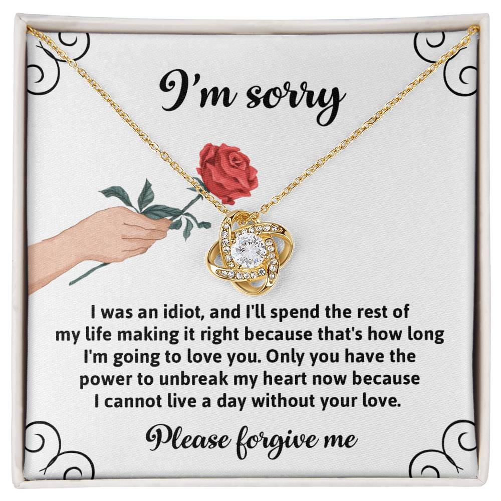 Presenting the "Sorry, Making It Right - Love Knot Necklace," a heartfelt expression of regret and love. This exquisite piece features an illustration of a hand holding a rose and comes with an apology message that conveys deep remorse and a devotion to making amends. Crafted from white gold, this necklace is adorned with sparkling cubic zirconia to add elegance and brilliance.