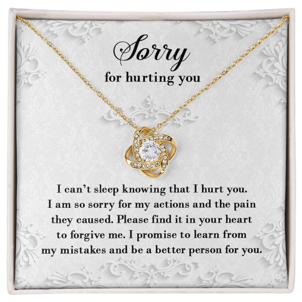 Introducing the Sorry-Can’t Sleep - Love Knot Necklace, which features a stunning cubic pendant and comes with a heartfelt apology message: "Sorry for hurting you. I am so sorry for my actions and the pain they caused. Please find it in your heart to forgive me." The cubic zirconia crystals symbolize an unbreakable bond between us.