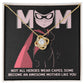 The "Mom-An Awesome Mother - Love Knot Necklace" features a central sparkling cubic zirconia pendant on a superhero-themed card reading, "Not all heroes wear capes, some become an awesome mother like you," making it the perfect personalized gift for mom.
