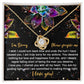 The Sorry-All My Heart - Love Knot Necklace features an interlocking heart pendant on a card with vibrant succulent graphics and the message: "I'm Sorry, Please forgive me. I love you." Adorned with sparkling cubic zirconia crystals, this necklace is available in a choice of white gold or yellow gold finish.