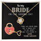 A "To My Bride, A Single Key - Love Knot Necklace" adorned with cubic zirconia crystals is displayed against a background with text that reads, "To My Bride On Our Wedding Day" and "There has never been but a single key to my heart, and you found it! Love, Your Groom.