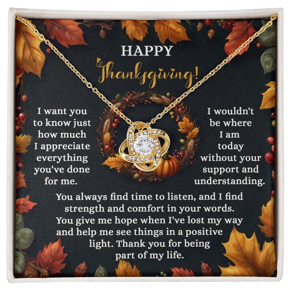 The Thanksgiving-Lost My Way Love Knot Necklace, embellished with a radiant cubic zirconia crystal, sparkles beautifully against a Thanksgiving-themed background and includes an appreciation message. You can select either a white gold or yellow gold finish to perfectly enhance your heartfelt gift.