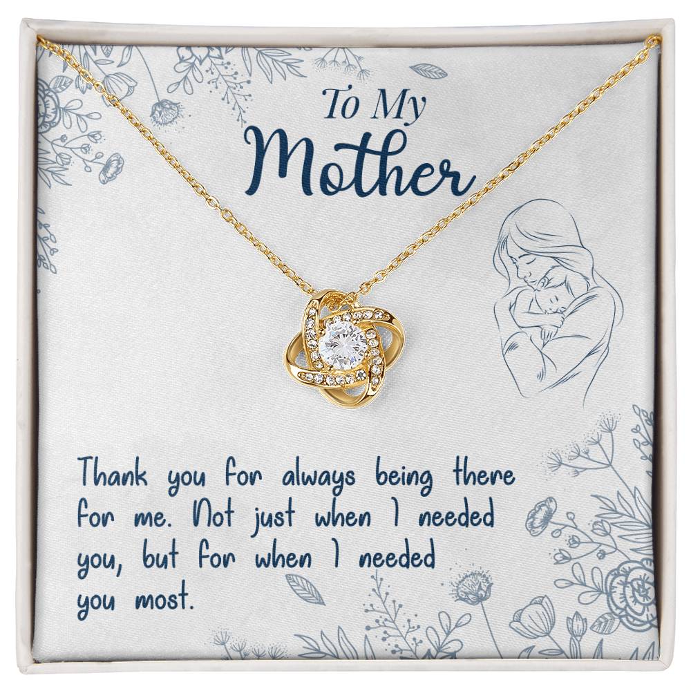 A To My Mother, Thank You For Always Being There - Love Knot Necklace with a gold finish and cubic zirconia crystals in a gift box with a sentimental message to a mother by ShineOn Fulfillment.