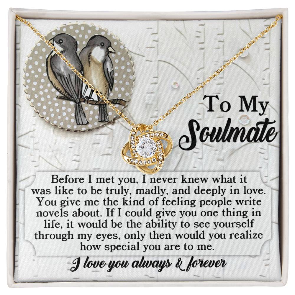 The Soulmate-Write Novels - Love Knot Necklace, embellished with gold, is beautifully presented on a charming gift card featuring birds and a heartfelt soulmate message, with the pendant sparkling elegantly with cubic zirconia crystals.