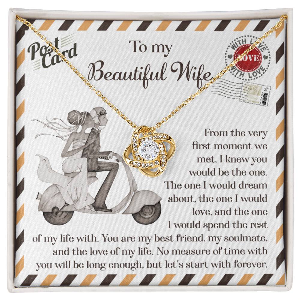 A 14k white gold To Wife, Be The One - Love Knot Necklace with cubic zirconia crystals is placed on a card depicting a couple on a scooter. The card features a heartfelt message to a wife, expressing love and commitment.