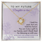 To Daughter-in-law, A Gift - Love Knot Necklace with an intertwined pendant, set against a card reading "To My Future Daughter-in-law," and an appreciation message expressing gratitude and blessings for the future. Decorated with shimmering cubic zirconia, this piece is a glowing testament to your welcome into the family.