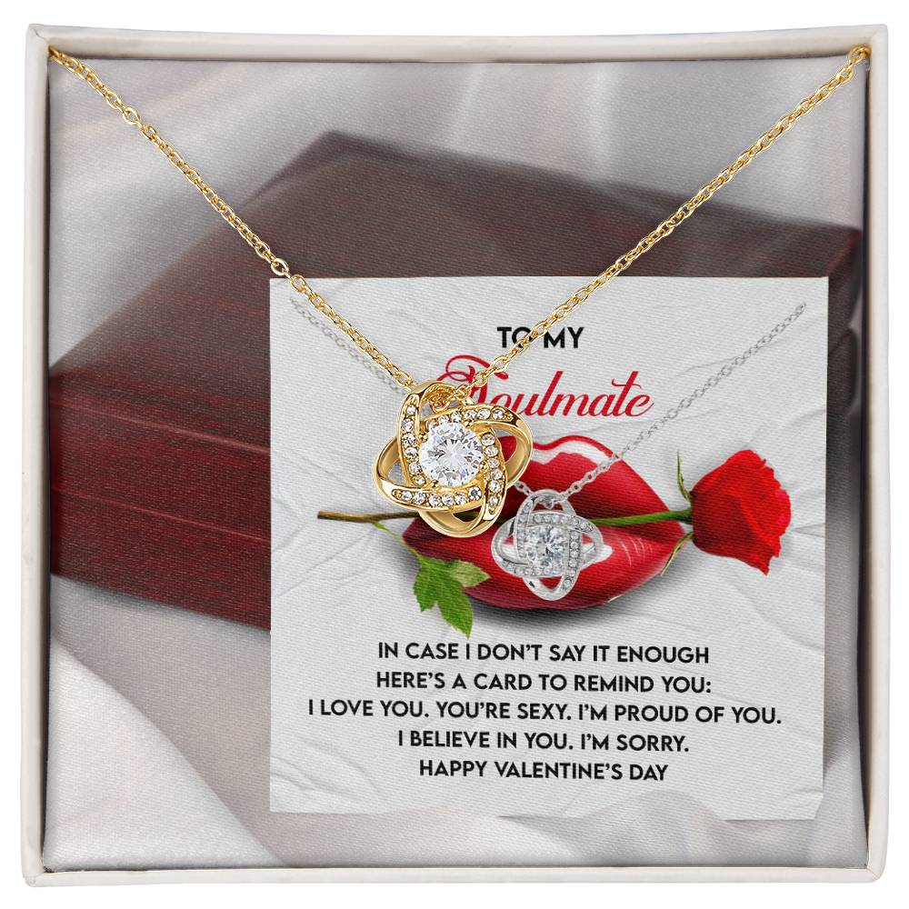 The Soulmate-Don’t Say It - Love Knot Necklace, crafted in white gold with cubic zirconia, features a heart-shaped pendant. It comes elegantly presented on a romantic message gift card in a box with a single red rose.