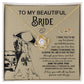 A "To My Bride, Faithful Partner - Love Knot Necklace" adorned with cubic zirconia crystals is displayed in a box. The background features a silhouette of a couple under an umbrella, two rings, and a heartfelt message to a bride, making it the perfect unique gift.