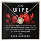 To Wife, Old Lobster Couples - Love Knot Necklace with a heart pendant displayed on a card featuring two cartoon lobsters and a message to a wife, discussing lifelong lobster mates and expressing love from a husband. The necklace sparkles with cubic zirconia crystals, symbolizing the unbreakable bond of your love.