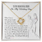 A To Mom, Wedding My Wedding Day - Love Knot Necklace with a card that reads: "To my beautiful mom on my wedding day" with a sentimental message about a daughter's gratitude towards her mother, featuring an illustration of a bride and her mother. The necklace is made of 14k white gold and adorned with cubic zirconia crystals.