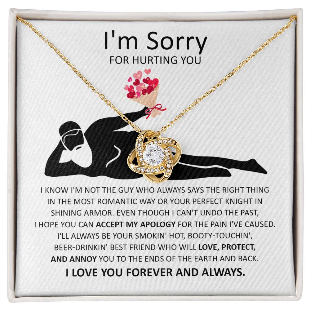 The "Sorry-The Most Romantic - Love Knot Necklace" showcases a heart and knot pendant elegantly presented on a card with an apology message, conveying regret for causing pain and expressing a heartfelt commitment to love, protect, and always be with the recipient. This necklace embodies an unbreakable bond, holding profound significance for both the giver and receiver.