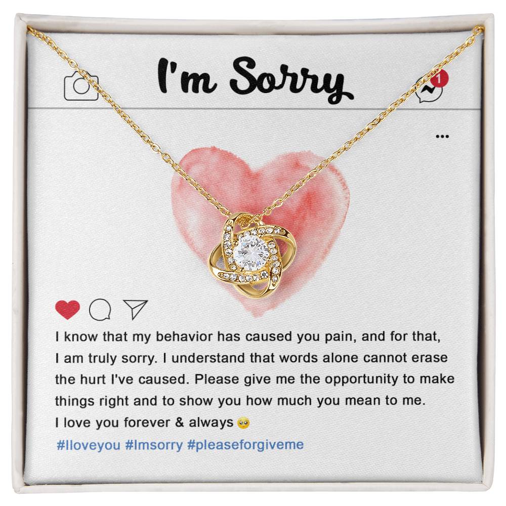 The Sorry-Cannot Erase - Love Knot Necklace, adorned with cubic zirconia crystals, sits on a card featuring an apology message, a pink heart illustration, and hashtags #Iloveyou, #Imsorry, and #pleaseforgiveme.