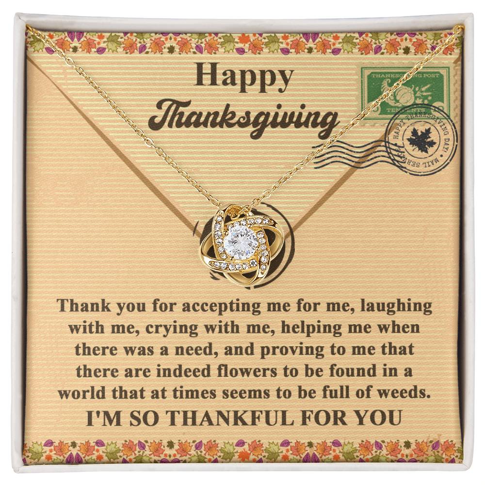 The Thanksgiving-Proving To Me - Love Knot Necklace with a white gold finish is elegantly displayed on a card featuring a heartfelt Thanksgiving message expressing gratitude for love and support.