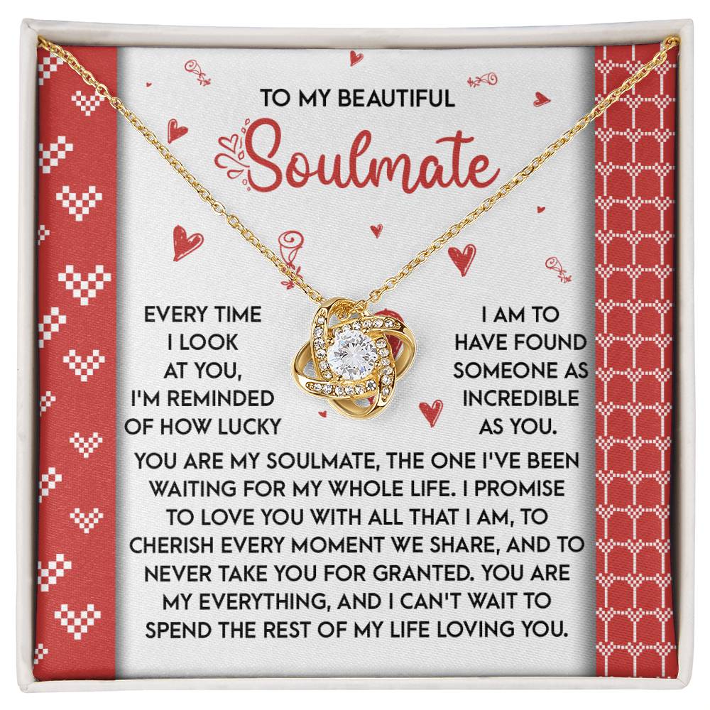 The Soulmate-My Whole Life Love Knot Necklace comes in a gift box with an interlocking heart pendant adorned with cubic zirconia crystals. It includes a heartfelt message about lifelong love and gratitude for your soulmate, making it the perfect personalized gift to cherish forever.